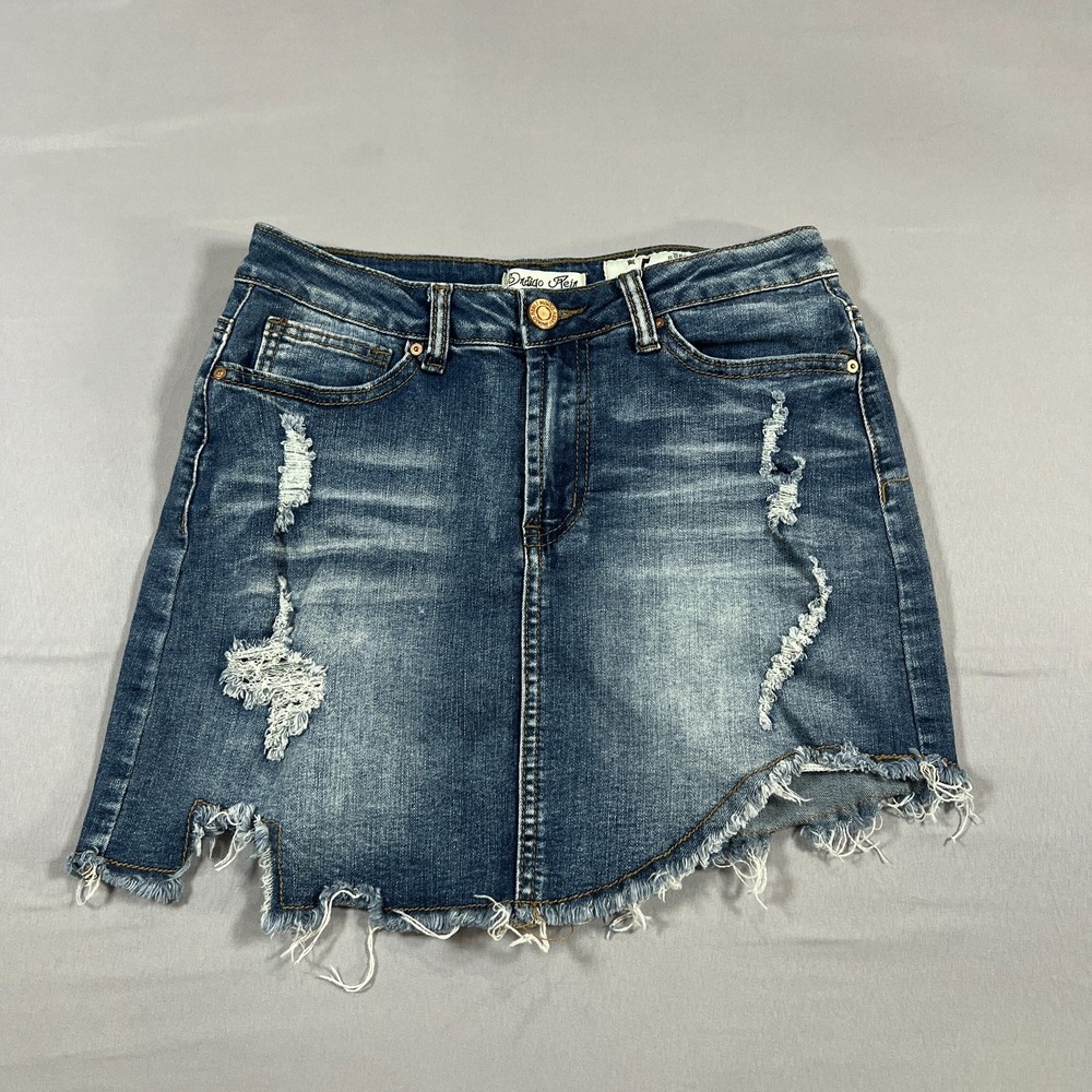 Indigo Rein Mini Skirt Juniors 5 Blue Denim Stretch Distressed Raw Hem 5 Pocket